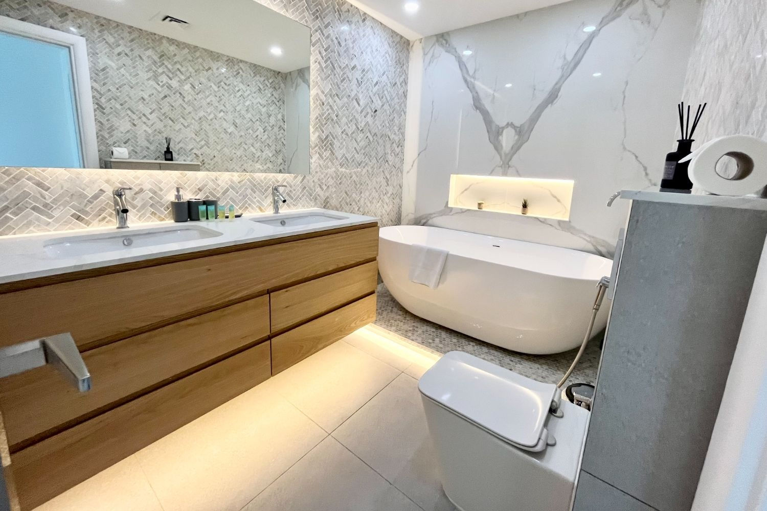 Primary bathroom with freestanding bath